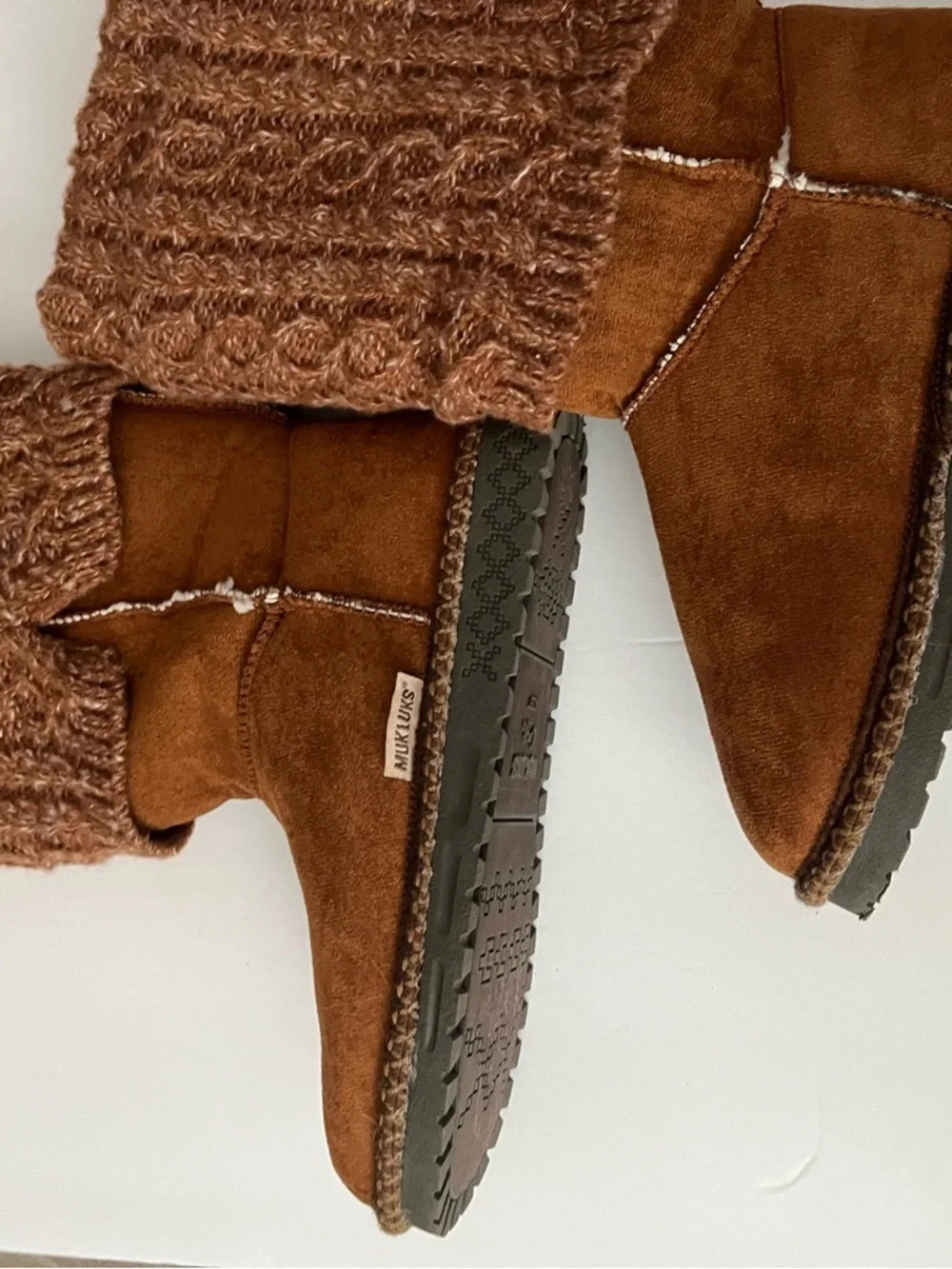 MUK LUKS Women's Jackie Boot Brown Cable Knit Cuff Winter Faux Fur Warm Size 7